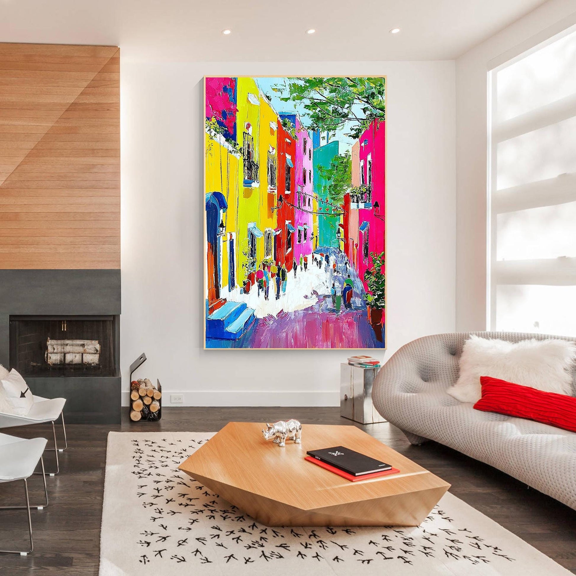 Burano Venice Painting, Large Colorful Italy Cityscape, Palette Knife Oil on Can #2