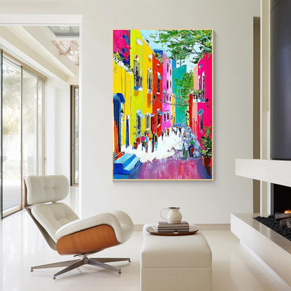 Burano Venice Painting, Large Colorful Italy Cityscape, Palette Knife Oil on Can #3