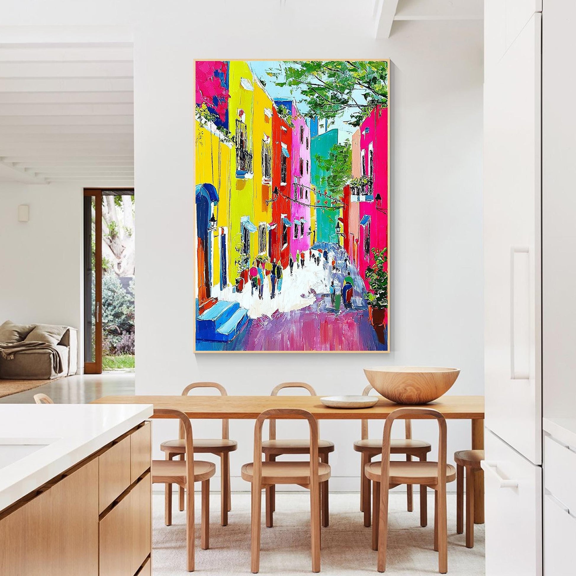 Burano Venice Painting, Large Colorful Italy Cityscape, Palette Knife Oil on Can #4