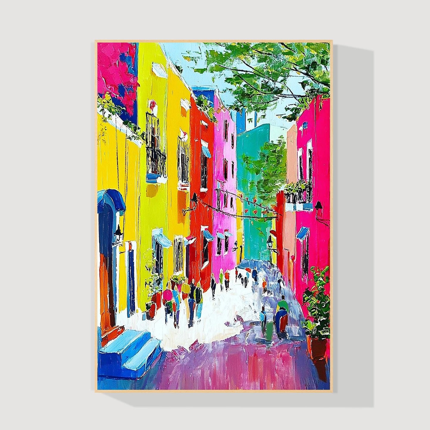 Burano Venice Painting, Large Colorful Italy Cityscape, Palette Knife Oil on Can #8