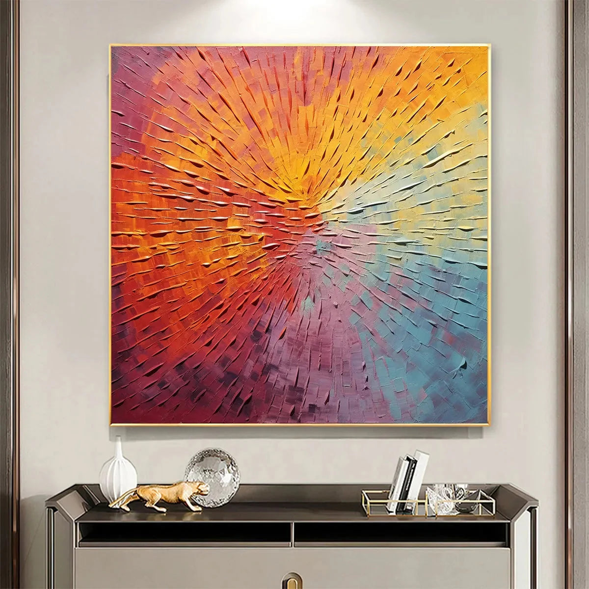 BURST OF COLOR: Square Abstract Impasto Painting, Textured Wall Art, Orange, Pink, Blue | Abstract closeup, raised brushwork detail