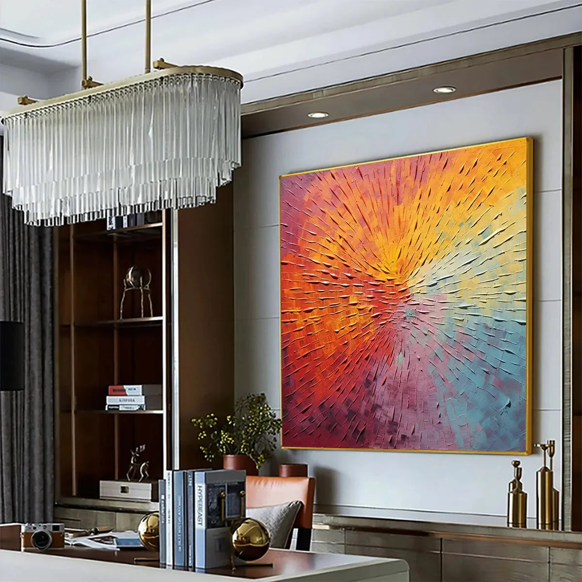 BURST OF COLOR: Square Abstract Impasto Painting, Textured Wall Art, Orange, Pink, Blue | gold frame stretched on neutral wall