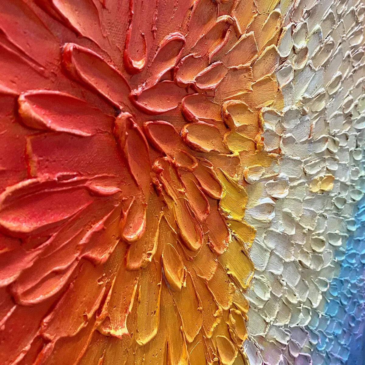 BURST OF COLOR: Square Abstract Impasto Painting, Textured Wall Art, Orange, Pink, Blue | rolled canvas, ready for custom framing