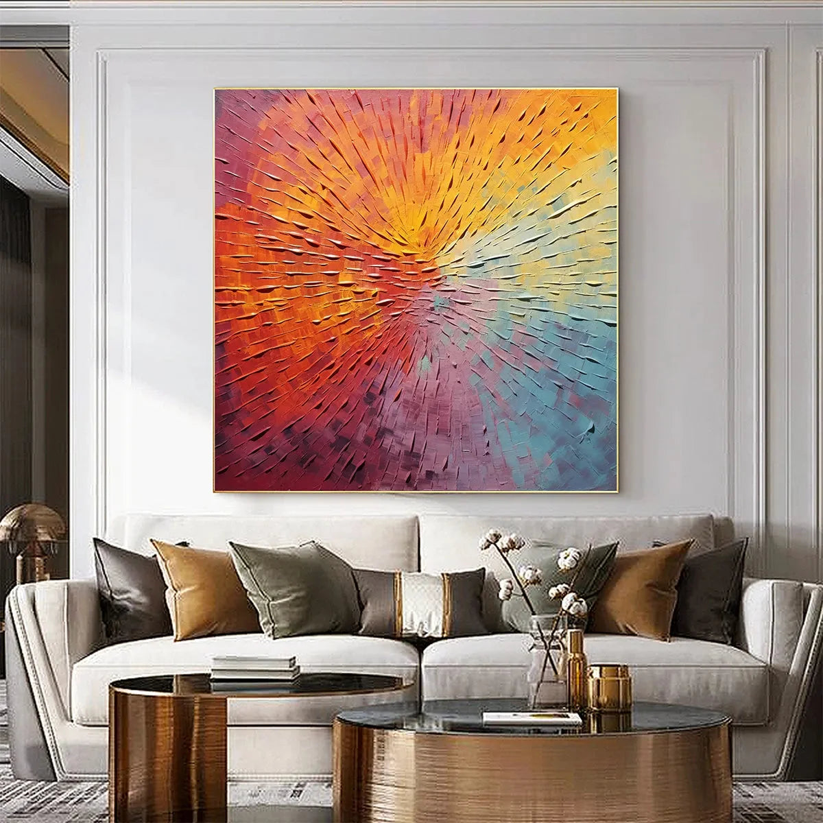 BURST OF COLOR: Square Abstract Impasto Painting, Textured Wall Art, Orange, Pink, Blue | black frame version on white wall