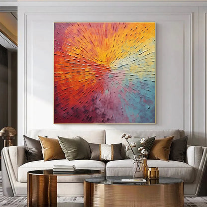 BURST OF COLOR: Square Abstract Impasto Painting, Textured Wall Art, Orange, Pink, Blue | black frame version on white wall