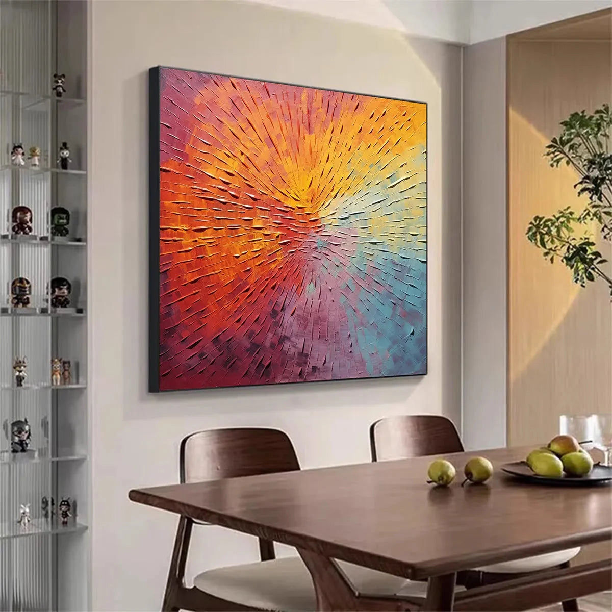 BURST OF COLOR: Square Abstract Impasto Painting, Textured Wall Art, Orange, Pink, Blue | Abstract mood, soft natural light studio shot