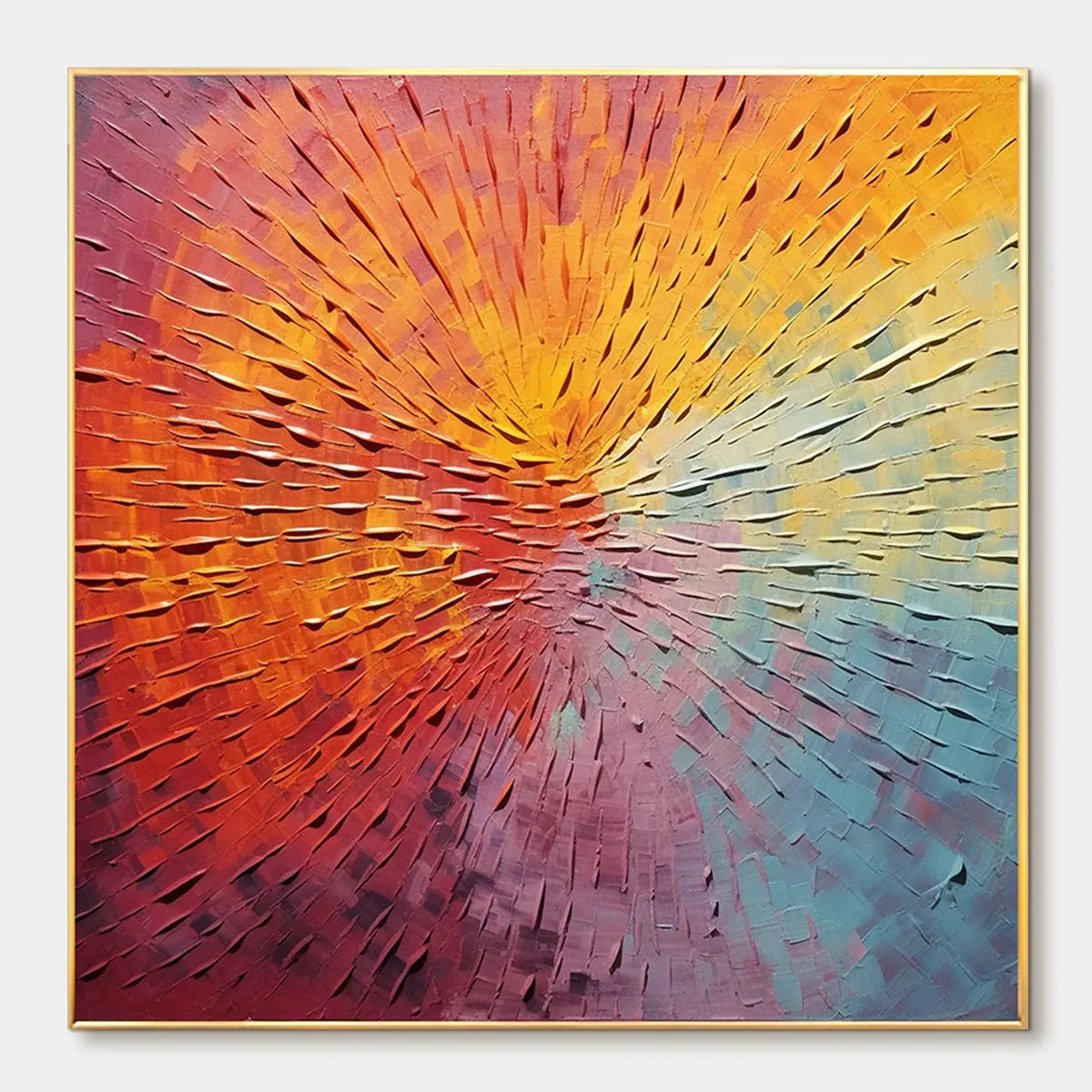 BURST OF COLOR: Square Abstract Impasto Painting, Textured Wall Art, Orange, Pink, Blue | hanging in Square abstract impasto oil painting bursting with orange, pink, and blue tones; thick palette-k...