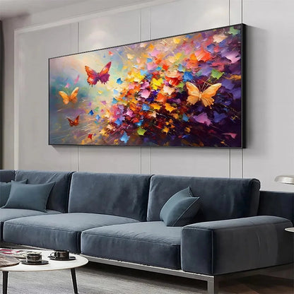 BUTTERFLY FLIGHT: Colorful Butterfly Painting on Canvas | gold frame stretched on neutral wall