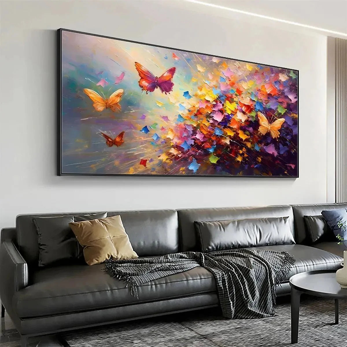 BUTTERFLY FLIGHT: Colorful Butterfly Painting on Canvas | black frame version on white wall