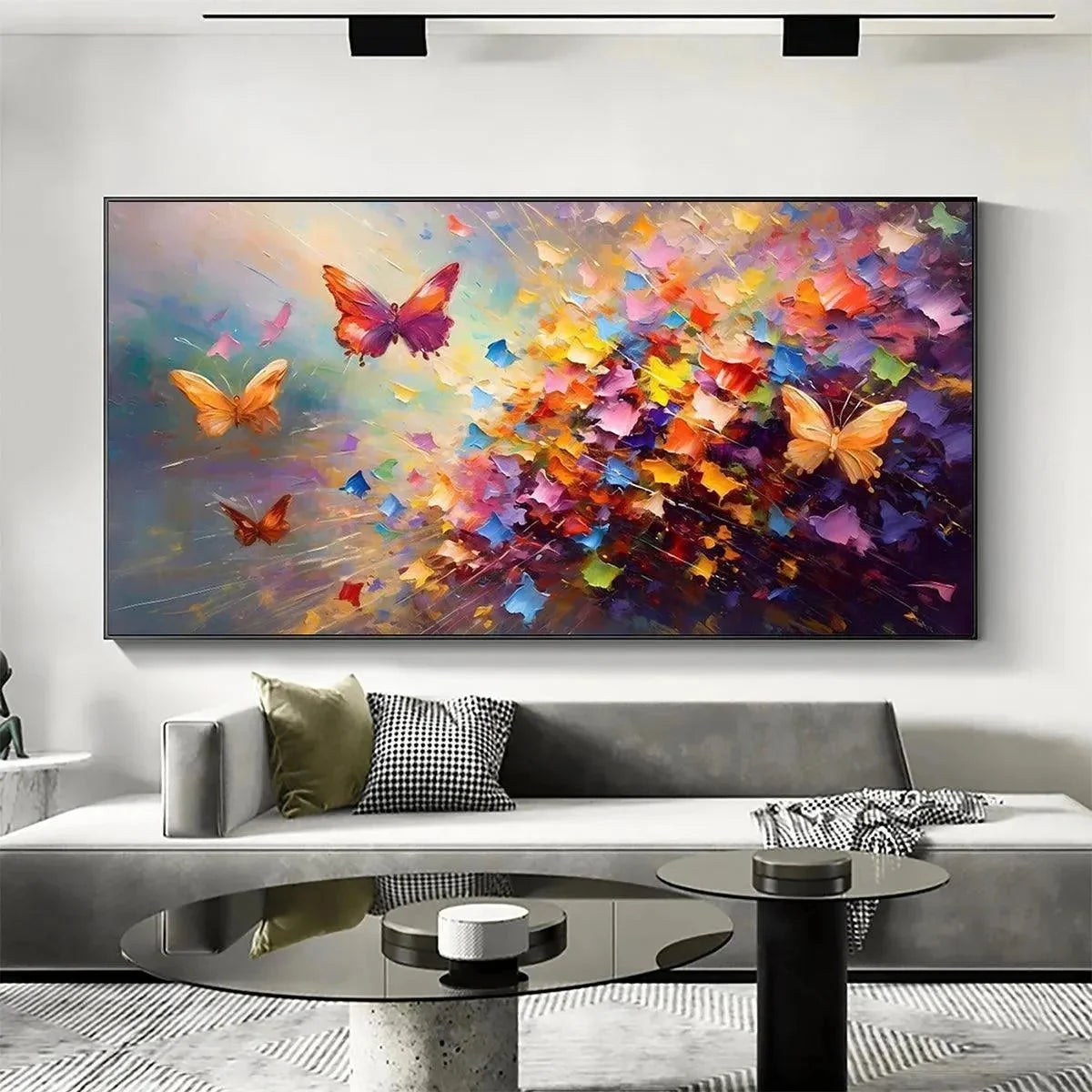 BUTTERFLY FLIGHT: Colorful Butterfly Painting on Canvas | beige palette, original Hand-painted on premium stretched canvas with artist-grade oils; layered surface combines delicate illustrative det...