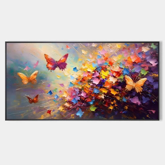 BUTTERFLY FLIGHT: Colorful Butterfly Painting on Canvas | hanging in Colorful butterfly oil painting in vibrant wing patterns; painterly composition captures butterflies in graceful flight., Illust...
