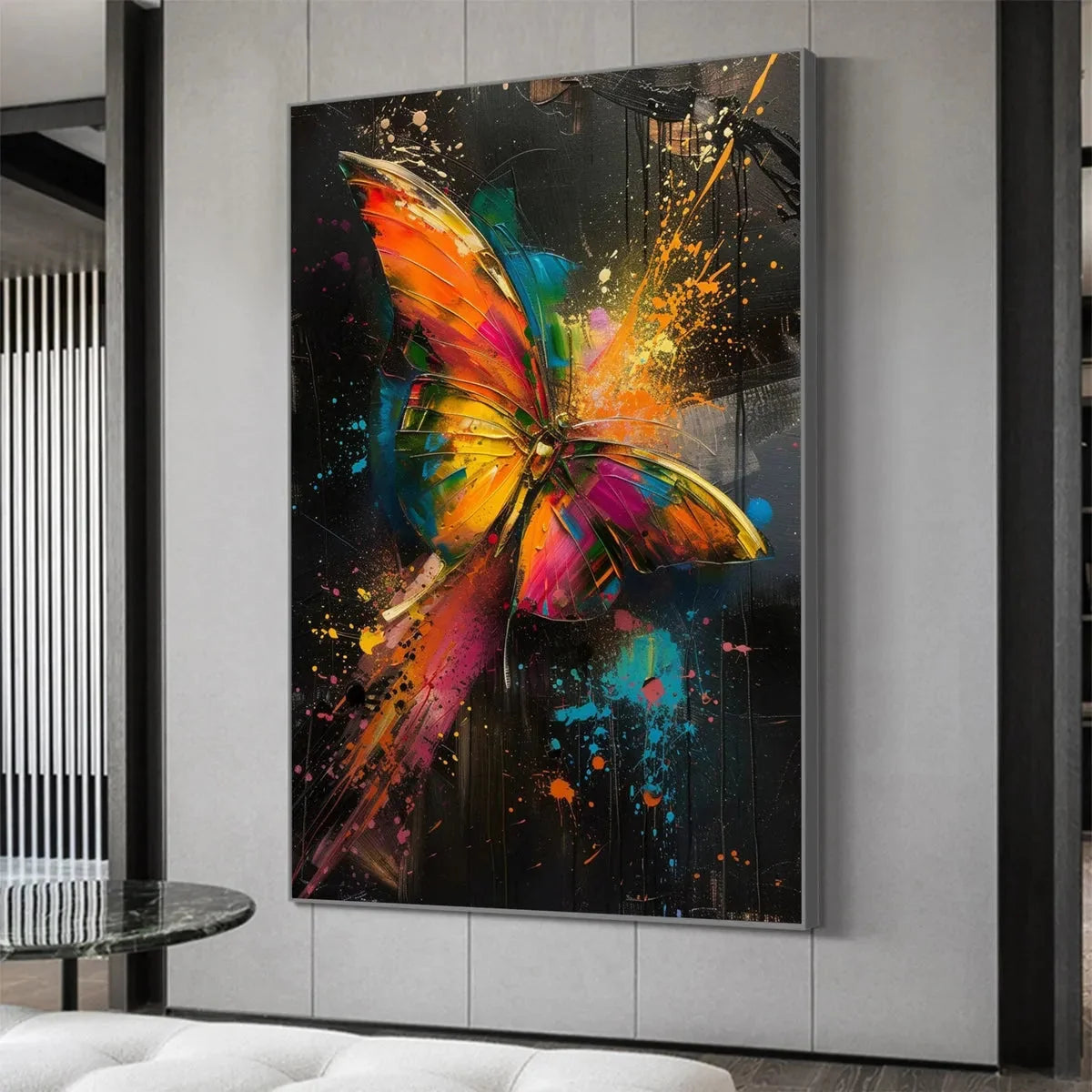BUTTERFLY NEBULA: Colorful Butterfly Oil Painting on Canvas | gold frame stretched on neutral wall