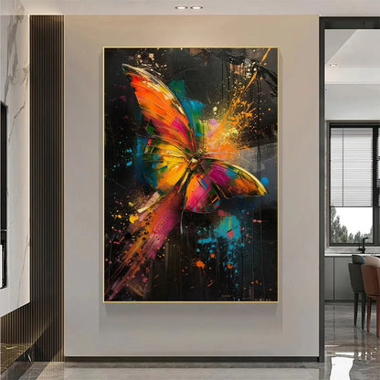 BUTTERFLY NEBULA: Colorful Butterfly Oil Painting on Canvas | black frame version on white wall