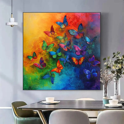 BUTTERFLY RAINBOW: Square Colorful Butterfly Oil Painting on Canvas | Illustrative closeup, raised brushwork detail