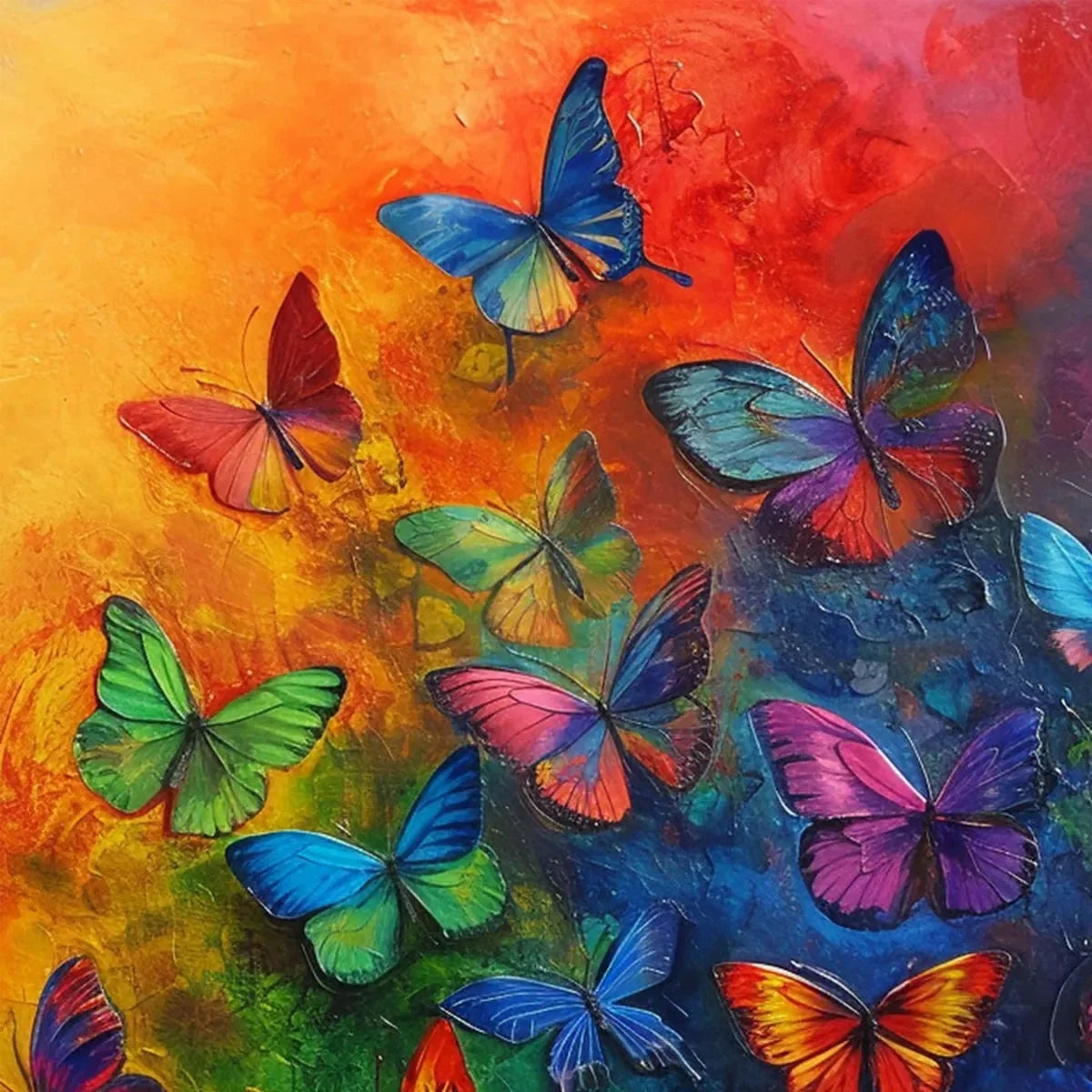 BUTTERFLY RAINBOW: Square Colorful Butterfly Oil Painting on Canvas | rectangular format, hand-painted canvas edge