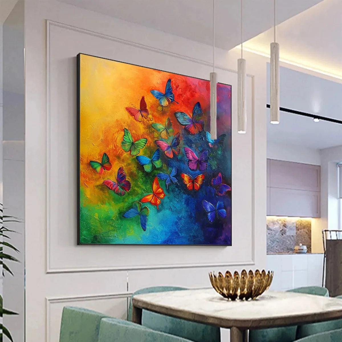BUTTERFLY RAINBOW: Square Colorful Butterfly Oil Painting on Canvas | gold frame stretched on neutral wall