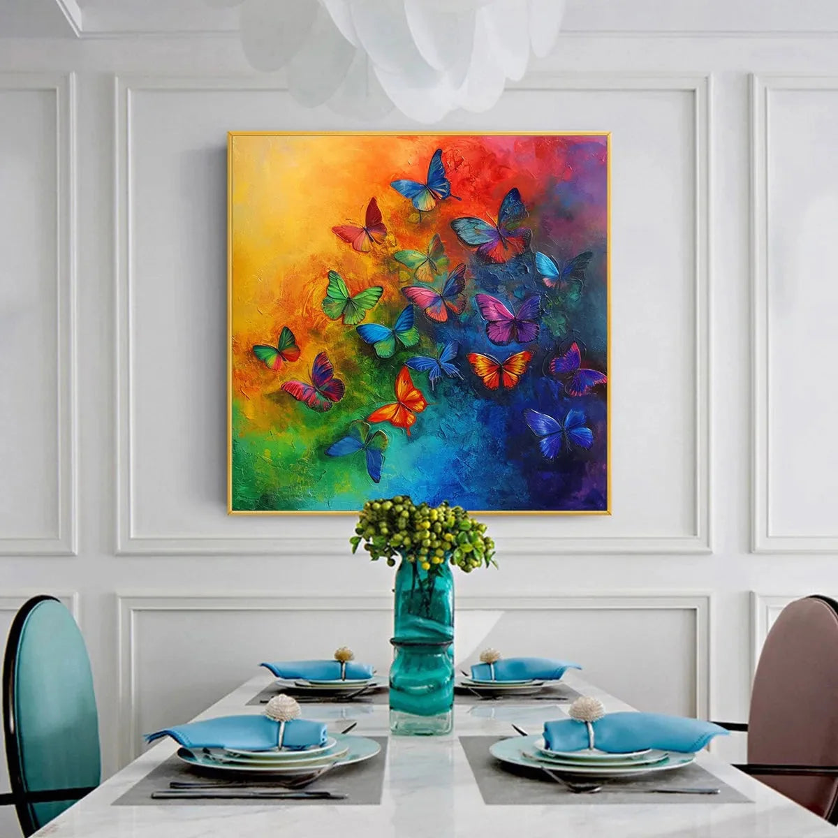 BUTTERFLY RAINBOW: Square Colorful Butterfly Oil Painting on Canvas | rolled canvas, ready for custom framing