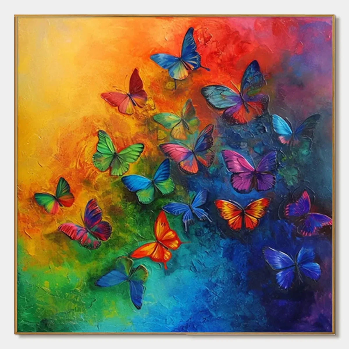 BUTTERFLY RAINBOW: Square Colorful Butterfly Oil Painting on Canvas | hanging in Square colorful butterfly oil painting in vivid rainbow wing patterns; painterly composition celebrates butterflies ...