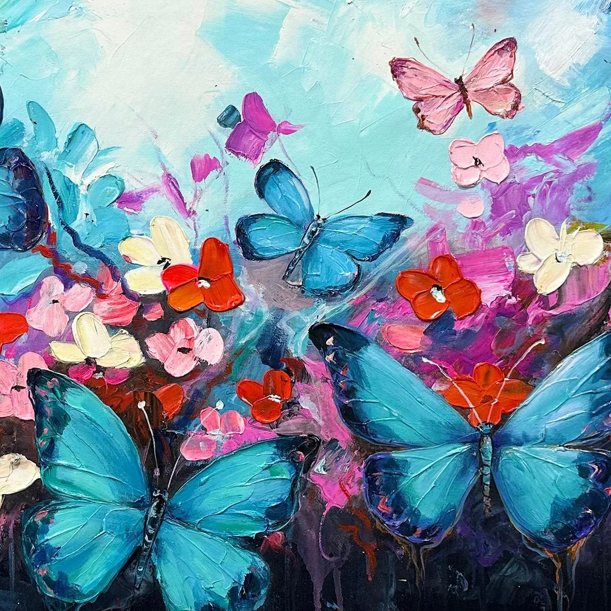 BUTTERFLY WALTZ: Colorful Butterfly and Floral Impasto Oil Painting | rectangular format, hand-painted canvas edge
