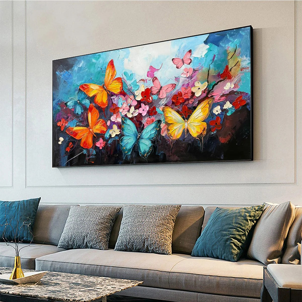 BUTTERFLY WALTZ: Colorful Butterfly and Floral Impasto Oil Painting | gold frame stretched on neutral wall