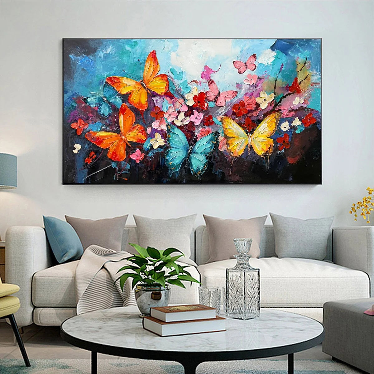 BUTTERFLY WALTZ: Colorful Butterfly and Floral Impasto Oil Painting | rolled canvas, ready for custom framing