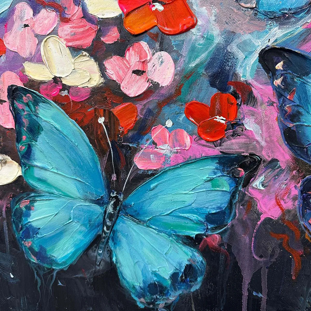 BUTTERFLY WALTZ: Colorful Butterfly and Floral Impasto Oil Painting | black frame version on white wall