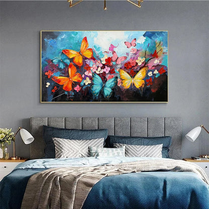 BUTTERFLY WALTZ: Colorful Butterfly and Floral Impasto Oil Painting | Abstract mood, soft natural light studio shot