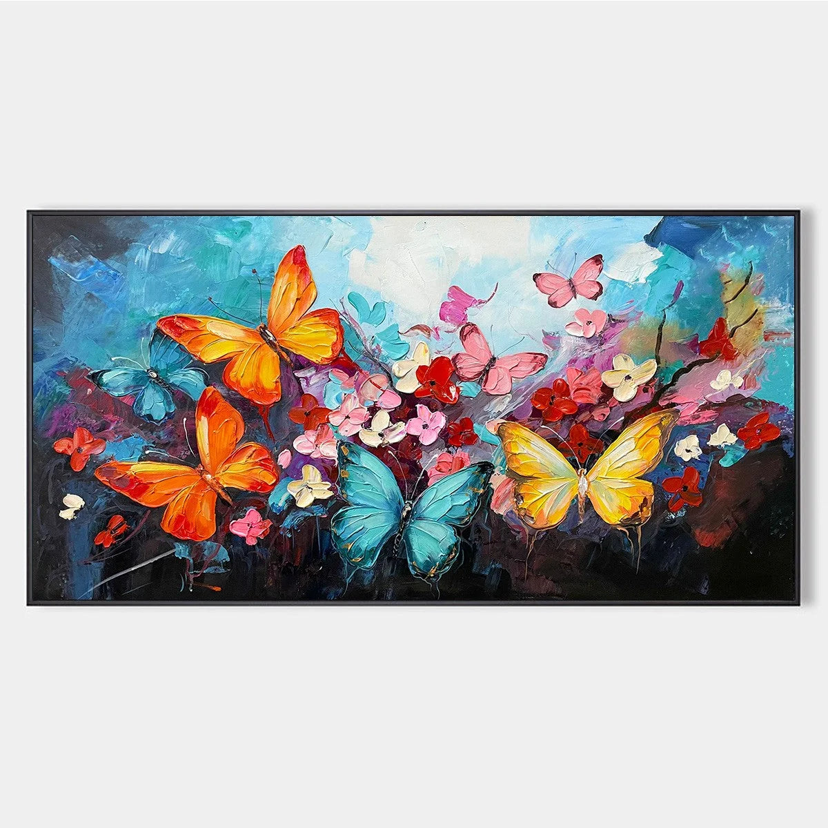 BUTTERFLY WALTZ: Colorful Butterfly and Floral Impasto Oil Painting | hanging in BUTTERFLY WALTZ: Colorful Butterfly and Floral Impasto Oil Painting featuring layered textured brushwork in refined ...
