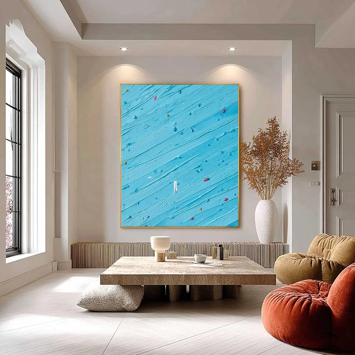 CANDY RAIN: Playful Blue Textured Abstract Impasto | black frame version on white wall