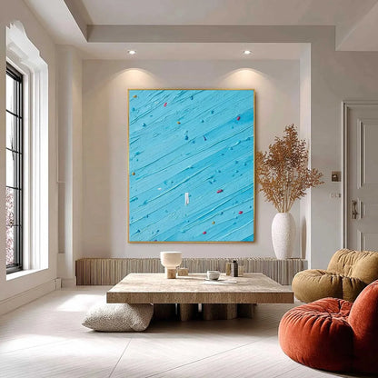CANDY RAIN: Playful Blue Textured Abstract Impasto | black frame version on white wall