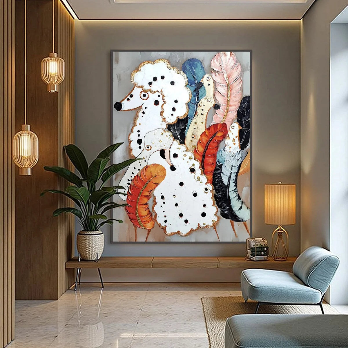 CANINE COUTURE: Whimsical Abstract Poodle and Feather Painting | gold frame stretched on neutral wall
