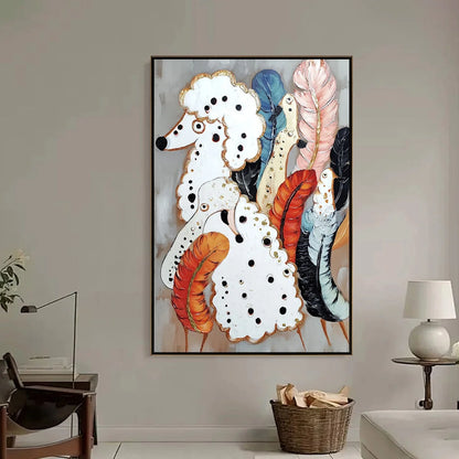 CANINE COUTURE: Whimsical Abstract Poodle and Feather Painting | black frame version on white wall