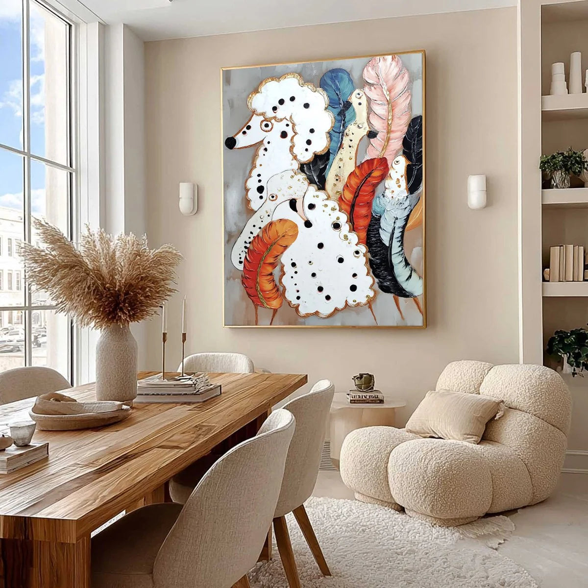 CANINE COUTURE: Whimsical Abstract Poodle and Feather Painting | whimsical mood, soft natural light studio shot