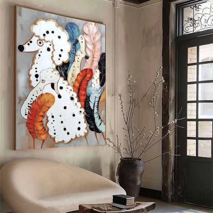 CANINE COUTURE: Whimsical Abstract Poodle and Feather Painting | beige palette, original bedroom art