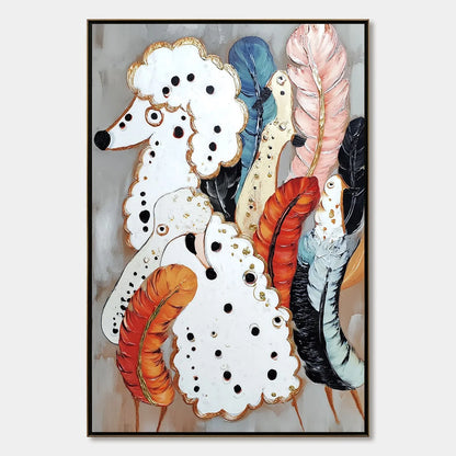 CANINE COUTURE: Whimsical Abstract Poodle and Feather Painting | hanging in living room, whimsical wall art