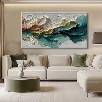CANYON RHYTHM: Large Textured Abstract Impasto Landscape | gold frame stretched on neutral wall