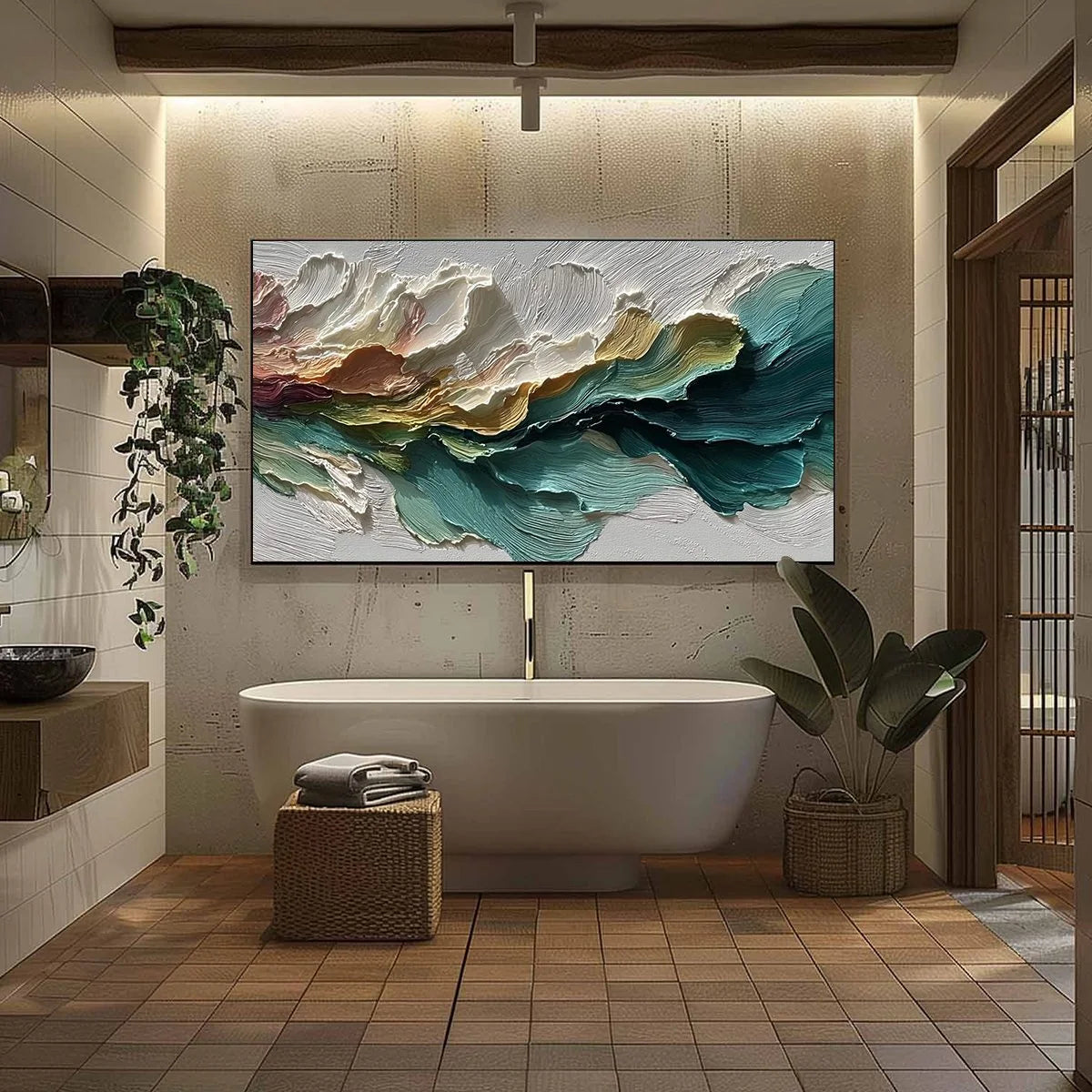 CANYON RHYTHM: Large Textured Abstract Impasto Landscape | black frame version on white wall