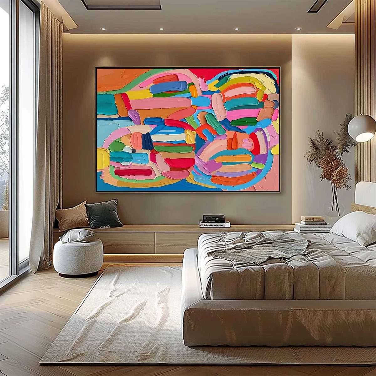 CARNIVAL ECHO: Impasto Abstract Colorful Painting | gold frame stretched on neutral wall