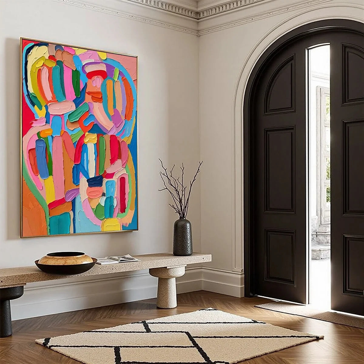CARNIVAL ECHO: Impasto Abstract Colorful Painting | black frame version on white wall