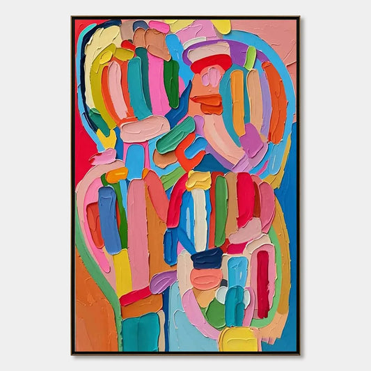 CARNIVAL ECHO: Impasto Abstract Colorful Painting | hanging in Impasto abstract colorful oil painting with vibrant carnival echoes; rich palette-knife work in saturated tones creates joyful, energe...