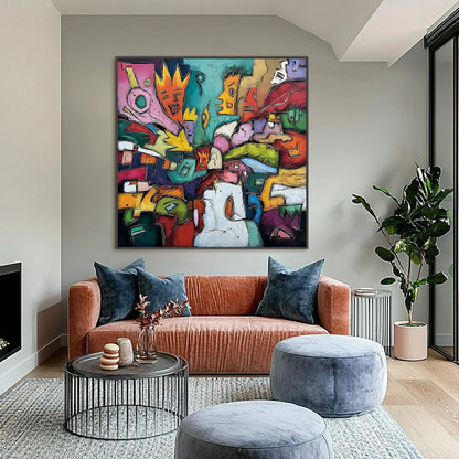 CARNIVAL OF KINGS: Vibrant Square Abstract Figurative Painting | Figurative closeup, raised brushwork detail