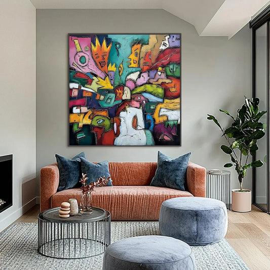 CARNIVAL OF KINGS: Vibrant Square Abstract Figurative Painting