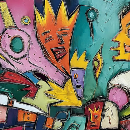 CARNIVAL OF KINGS: Vibrant Square Abstract Figurative Painting | rectangular format, hand-painted canvas edge