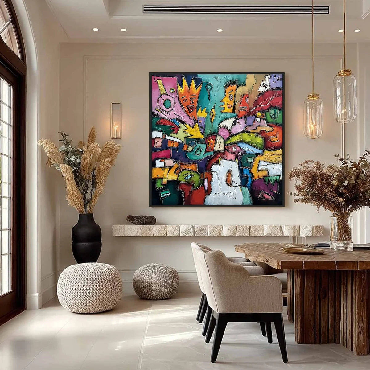CARNIVAL OF KINGS: Vibrant Square Abstract Figurative Painting | gold frame stretched on neutral wall