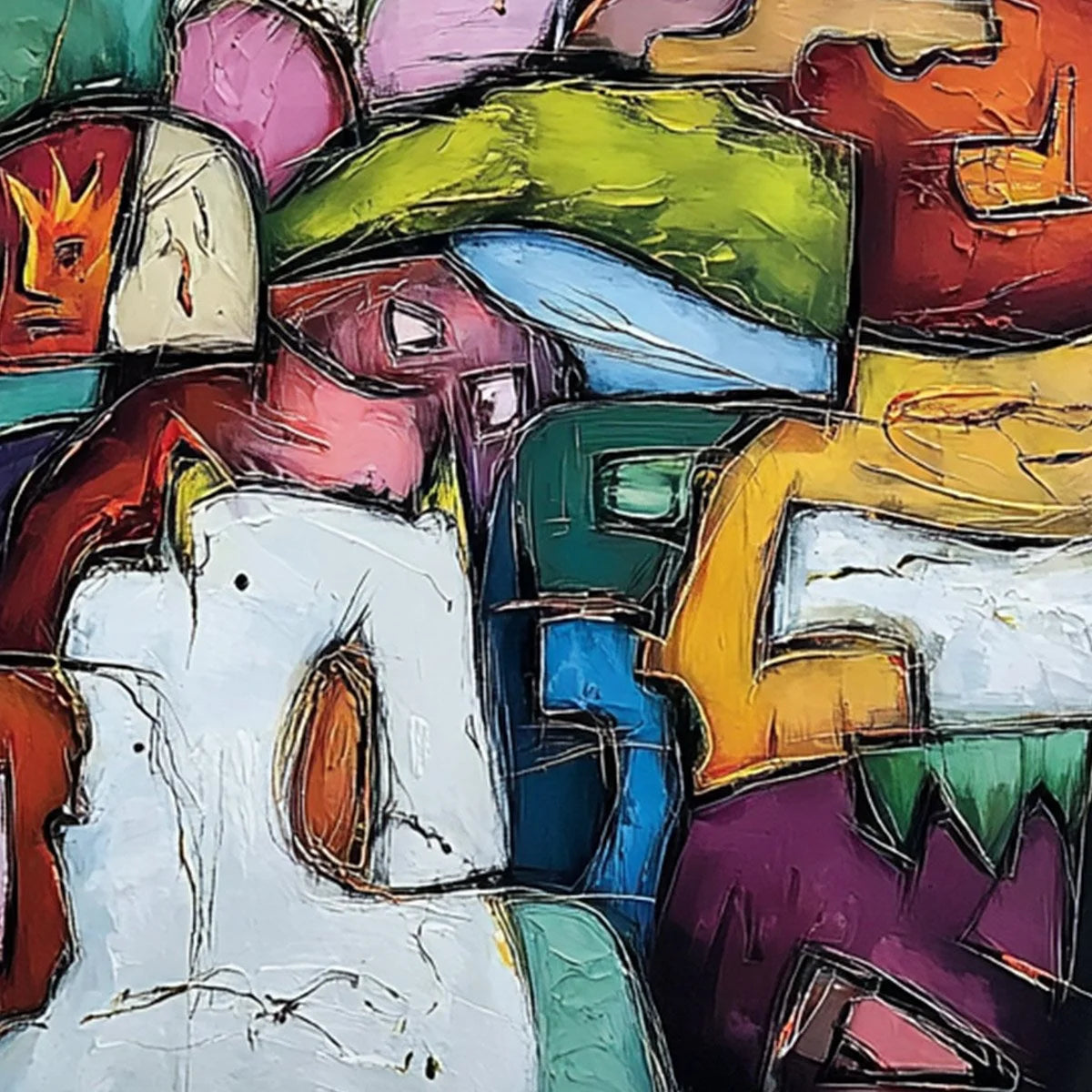 CARNIVAL OF KINGS: Vibrant Square Abstract Figurative Painting | rolled canvas, ready for custom framing