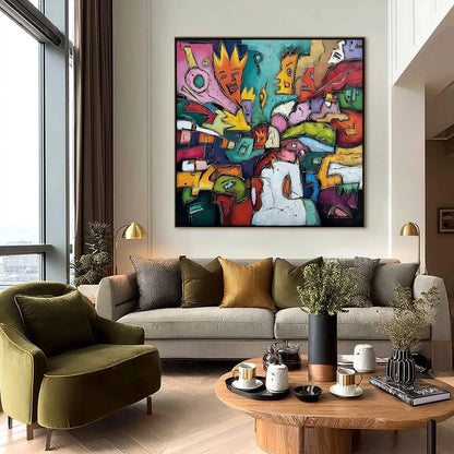 CARNIVAL OF KINGS: Vibrant Square Abstract Figurative Painting | black frame version on white wall