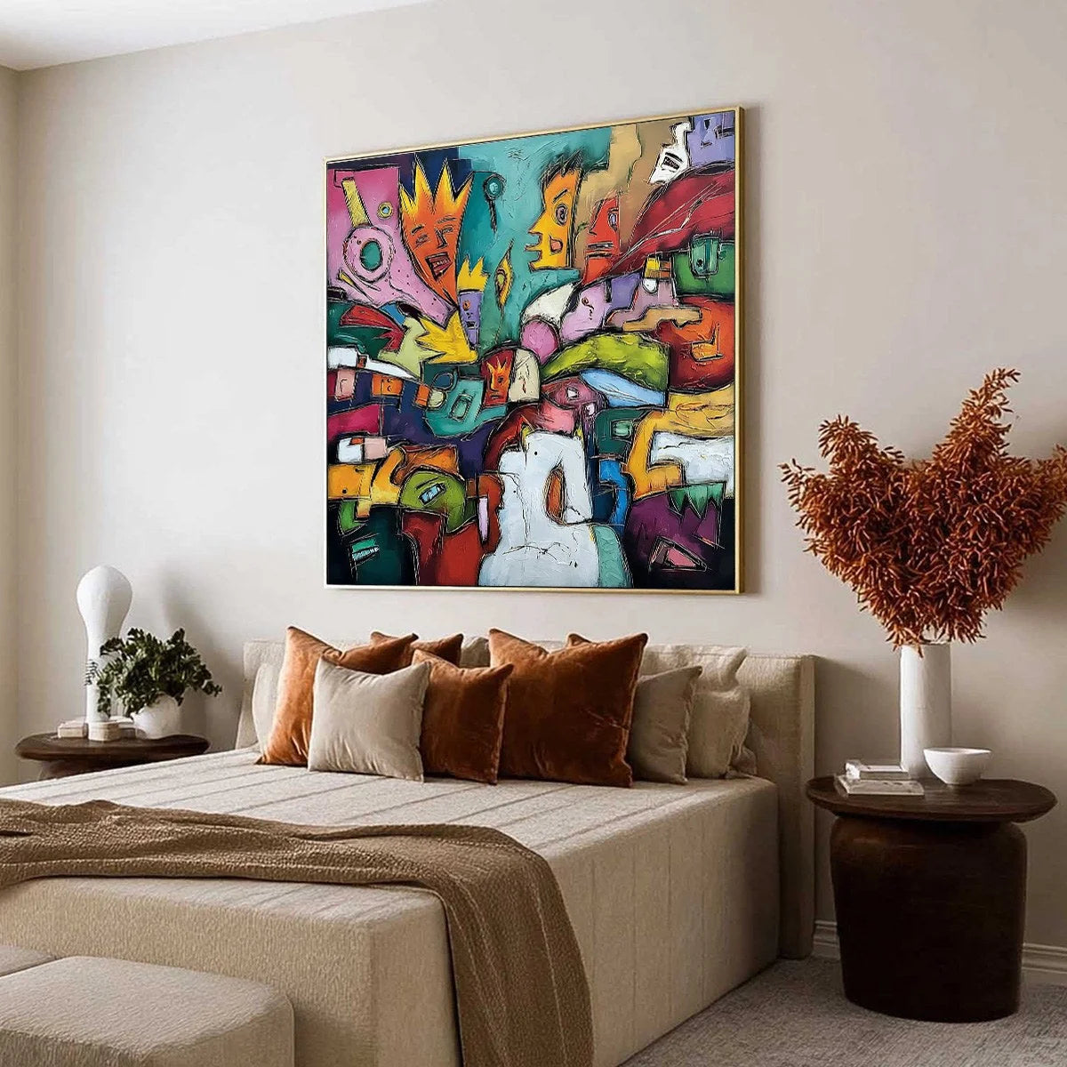 CARNIVAL OF KINGS: Vibrant Square Abstract Figurative Painting | Figurative mood, soft natural light studio shot