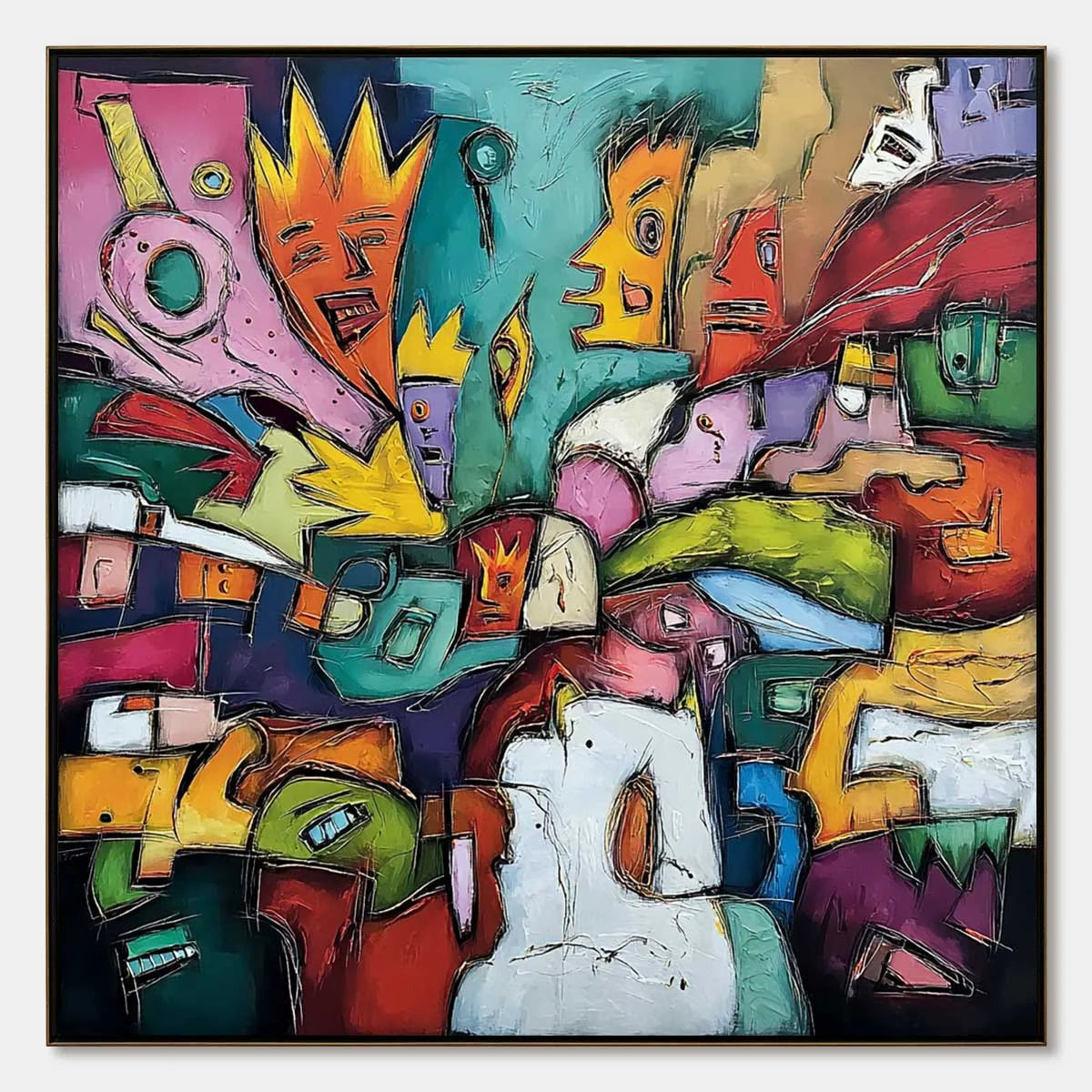 CARNIVAL OF KINGS: Vibrant Square Abstract Figurative Painting | hanging in Vibrant square abstract figurative oil painting with carnival of kings theme; rich palette-knife work creates bold, regal...