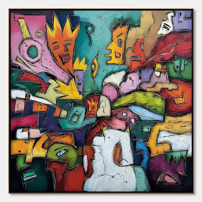 CARNIVAL OF KINGS: Vibrant Square Abstract Figurative Painting | hanging in Vibrant square abstract figurative oil painting with carnival of kings theme; rich palette-knife work creates bold, regal...
