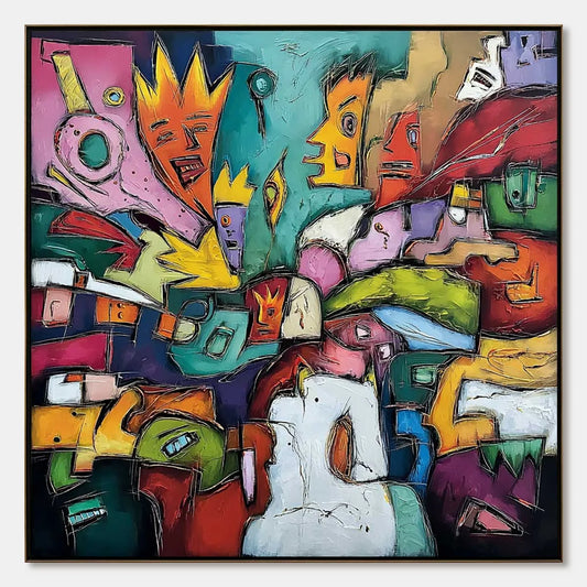 CARNIVAL OF KINGS: Vibrant Square Abstract Figurative Painting | hanging in Vibrant square abstract figurative oil painting with carnival of kings theme; rich palette-knife work creates bold, regal...